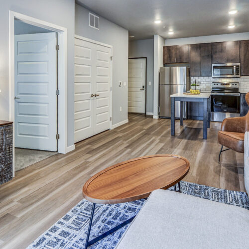 Modern open-concept living room and kitchen at Flats at Neill Park, featuring wood flooring, gray sofa, brown accent chair, and stainless steel appliances—perfect for those seeking stylish apartments in Burnsville MN.