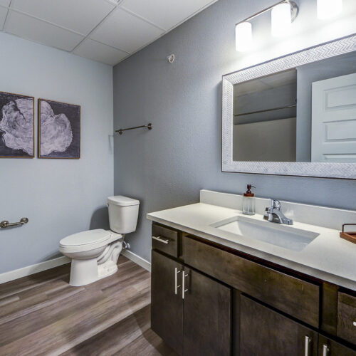 Modern bathroom at Flats at Neill Park features a single sink vanity, large mirror, toilet, wall art, towel rack, and wood-look flooring under bright lighting—perfect for those seeking stylish apartments in Burnsville MN.