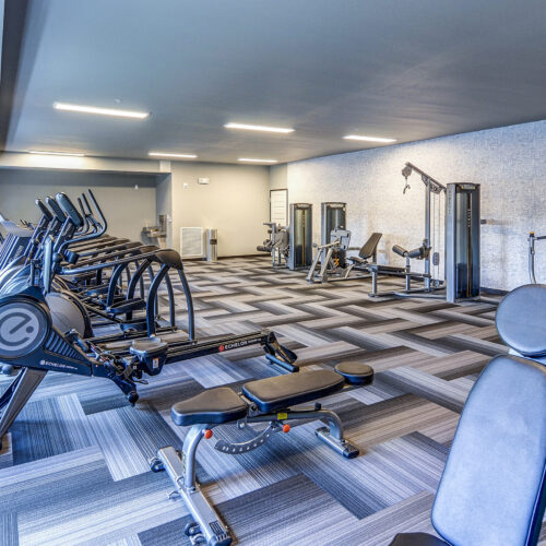 Modern gym at Flats at Neill Park with cardio machines, weight benches, and strength training equipment on patterned flooring under bright ceiling lights—perfect for residents seeking top-notch apartments in Burnsville MN.