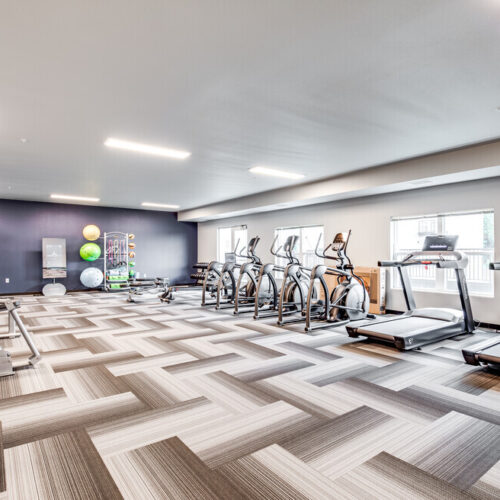 Located within Flats at Neill Park, this modern gym features treadmills, elliptical machines, weight machines, and exercise balls on a patterned carpeted floor, all brightly lit by ceiling lights—perfect for residents of these apartments in Burnsville MN.